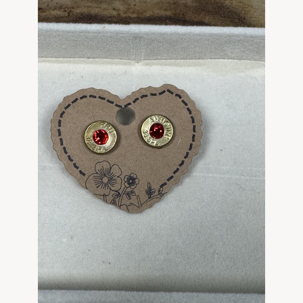 Handmade Red Crystal Bullet Casing Stud Earrings 45 Auto Brass
